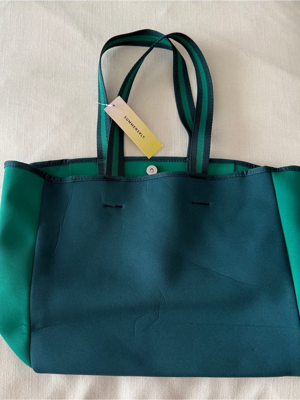 summersalt Green Two-Tone Tote with Striped Handles neoprene
